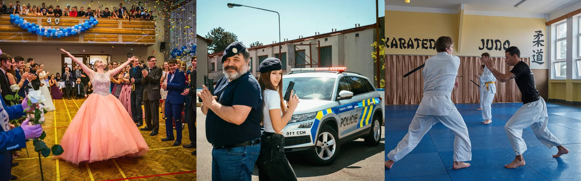 Tři žáci s dvěma policisty PČR před vitrínou s poháry v budově BPA.