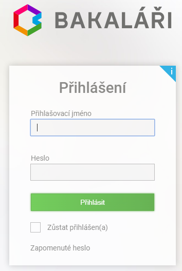 Přihlašovací obrazovka systému Bakaláři s poli pro jméno a heslo.