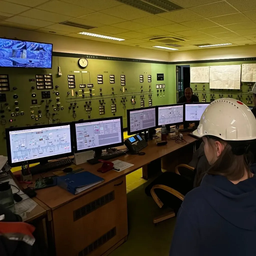 Studenti v ochranných přilbách sledují řídicí panel elektrárny s obrazovkami a přístroji.