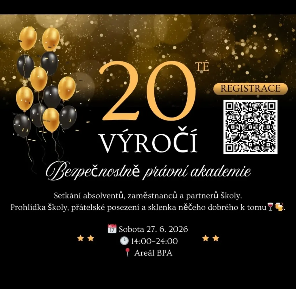 Plakát zvoucí na oslavu 20. výročí založení školy se zlatými a černými balónky a QR kódem pro registraci.