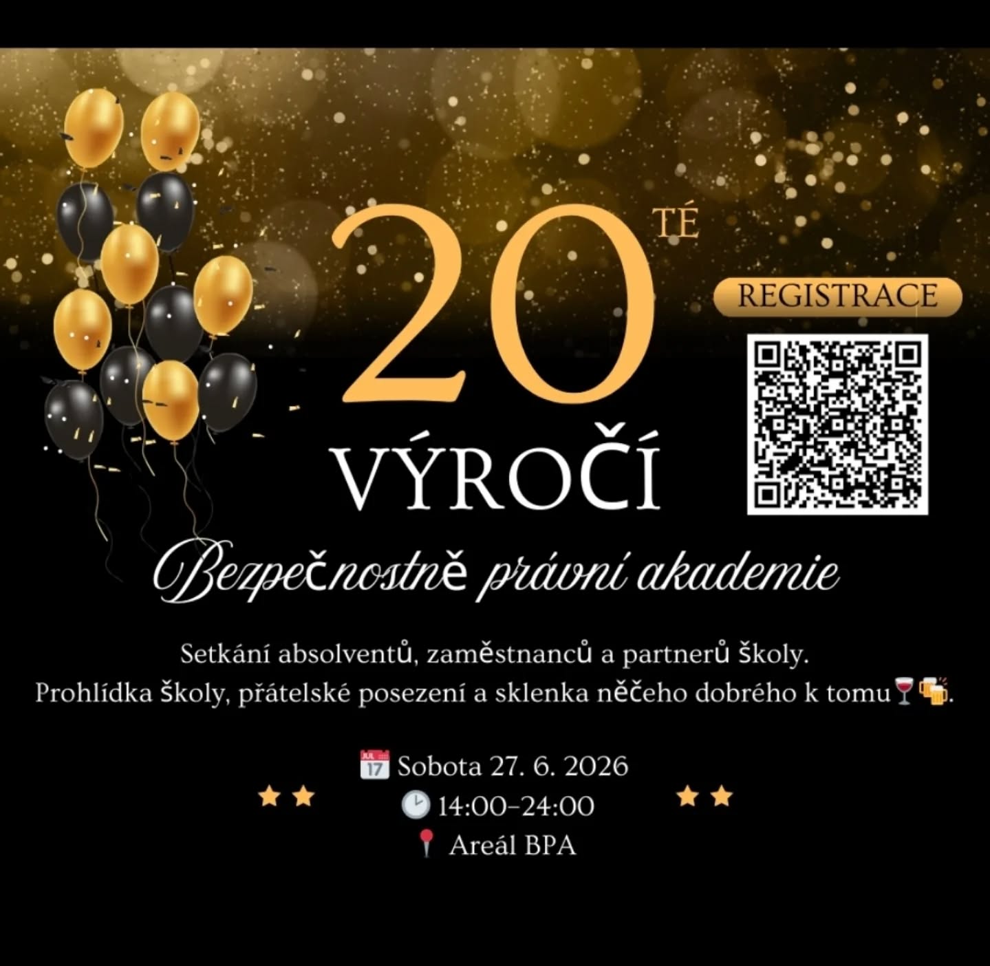Plakát zvoucí na oslavu 20. výročí založení školy se zlatými a černými balónky a QR kódem pro registraci.