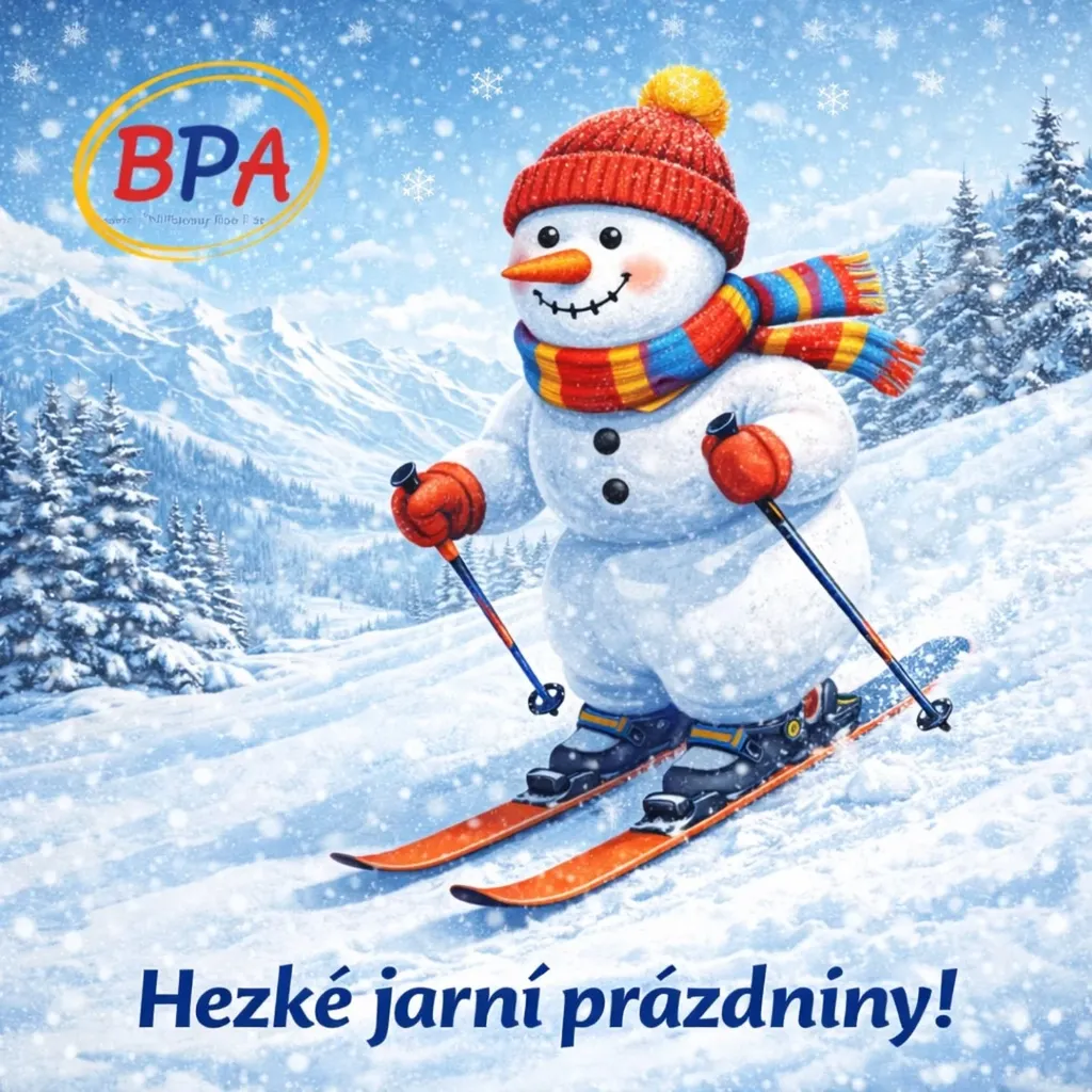 Ilustrace sněhuláka na lyžích sjíždějícího ze zasněženého svahu s logem BPA a nápisem Hezké jarní prázdniny.