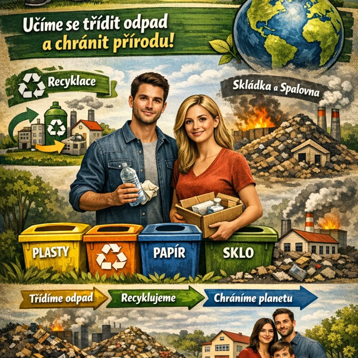 Plakát o třídění odpadu s dvojicí u kontejnerů na plasty, papír a sklo.